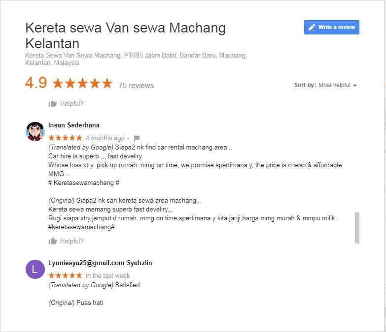 Kereta Sewa Kota Bharu review google 2